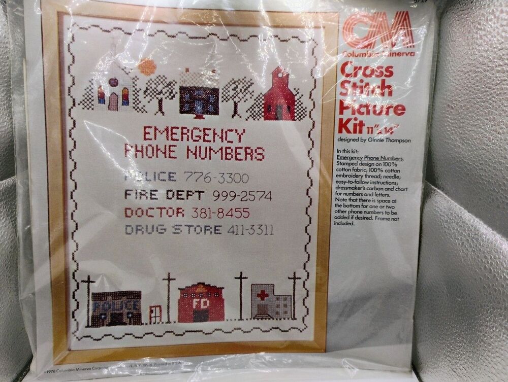 Vintage Columbia Minerva Cross Stitch Picture Kit Emergency Phone Numbers #6729